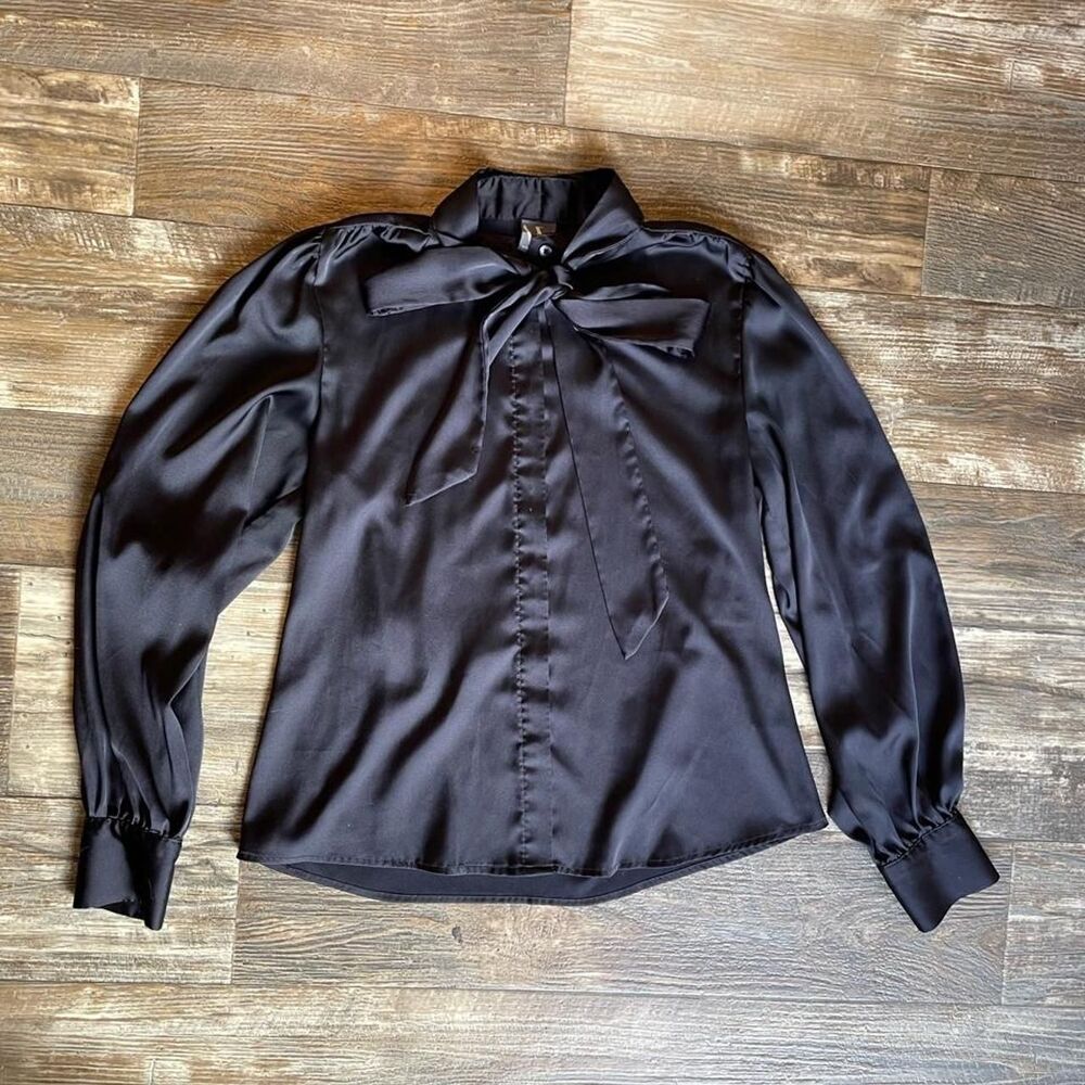 Worthington Black Satin Bow Blouse - Size S